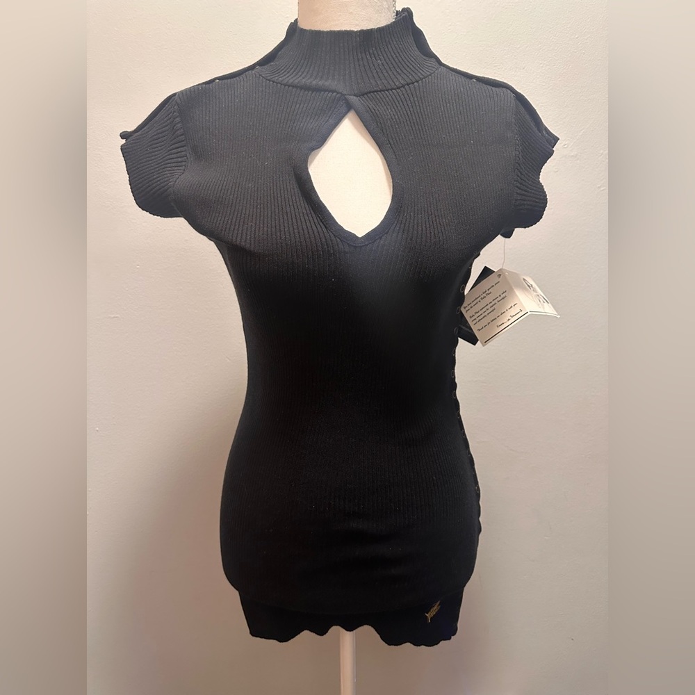 Baby Phat Y2K Womens Black Ribbed Knit L Sweater Top Snap Side Keyhole NWT